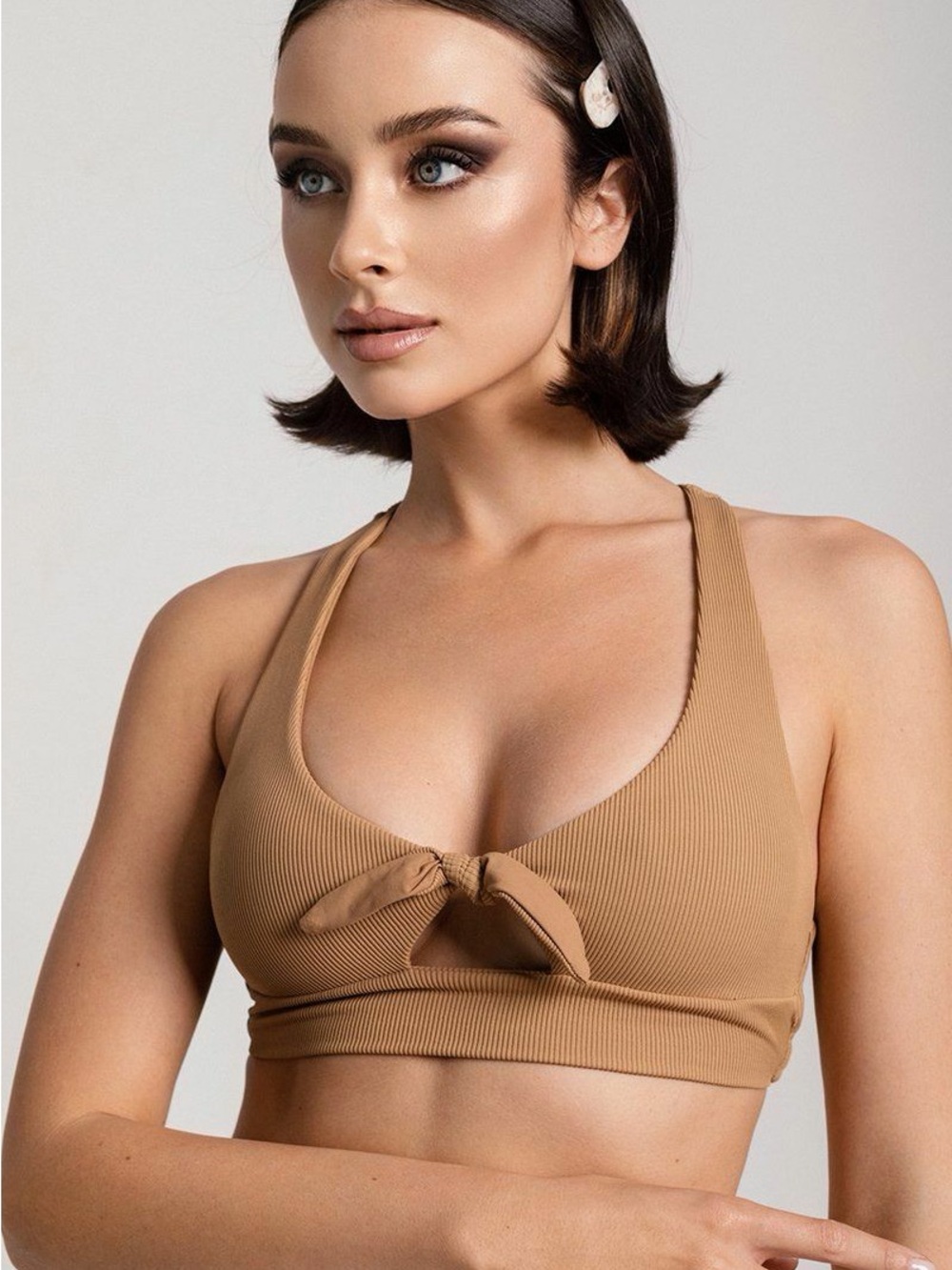l*space reversible Tara Ribbed Knot-Front workout swim in Camel
